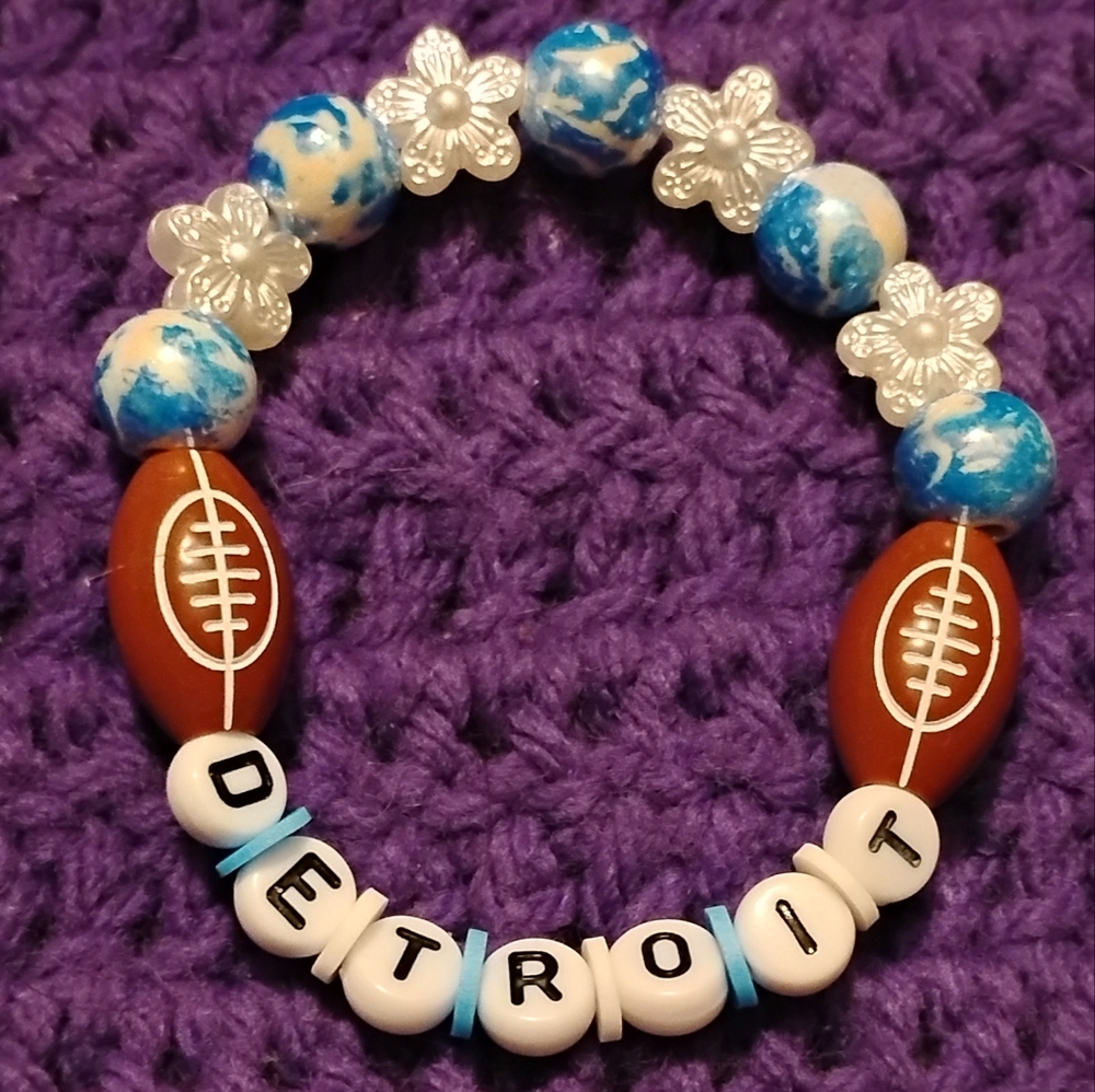 Blue and White Beaded Jewelry Bracelet with Football Accents